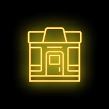 Neon sign representing a building with glowing windows and door Ilustración de archivo
