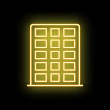 Neon sign representing a building with multiple windows glowing yellow on a b Stock Illustration