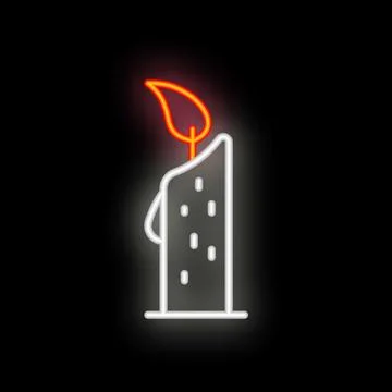 Neon sign representing burning candle with bright flame on black background Stock Illustration