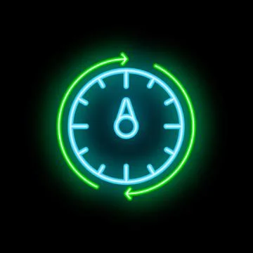 Neon sign representing clock showing time passing by with arrows Stock Illustration