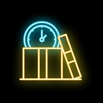 Neon sign representing clock standing on warehouse with open door 스톡 일러스트