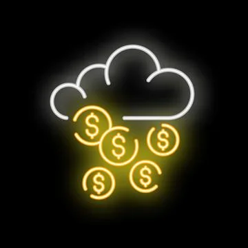 Neon sign representing cloud computing making money raining dollars Stock Illustration