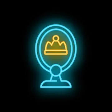 Neon sign representing crown reflecting in round mirror on black background Stock Illustration