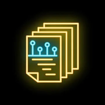 Neon sign representing data analysis with charts on documents Illustrazione stock