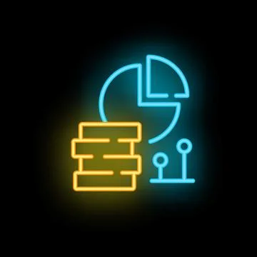 Neon sign representing data analysis with pie chart and database icon Stock Illustration