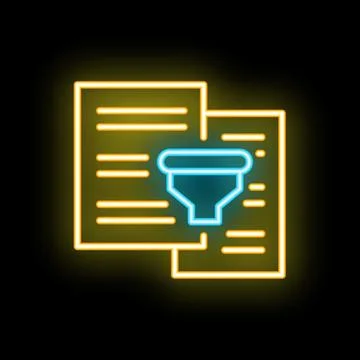 Neon sign representing data analysis with funnel and documents 스톡 일러스트
