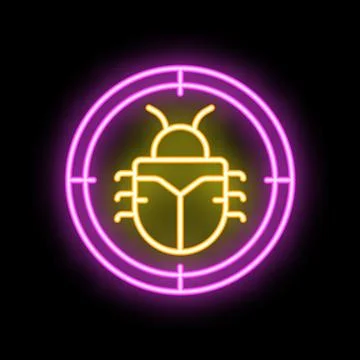 Neon sign representing debug with a target aiming a bug Stock Illustration