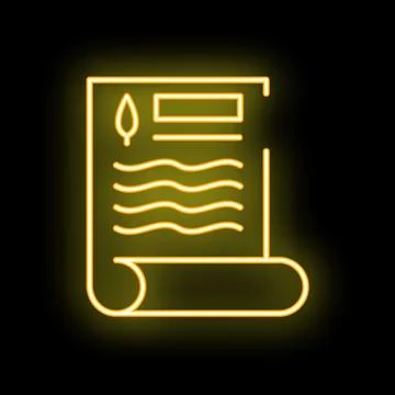 Neon sign representing a document with a feather pen on black background Stock Illustration