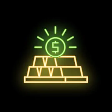 Neon sign representing dollar sign shining over gold bars on black background Ilustração Stock