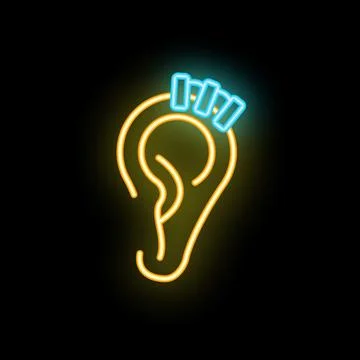 Neon sign representing ear piercing on black background Stock Illustration