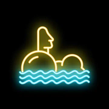 Neon sign representing easter island moai statue partially submerged by ris.. Illustrazione stock
