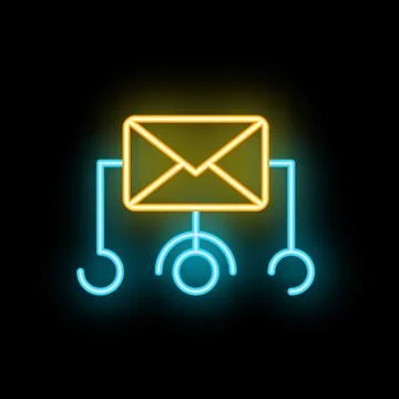 Neon sign representing an envelope connected to three circles, symbolizing em Stock Illustration