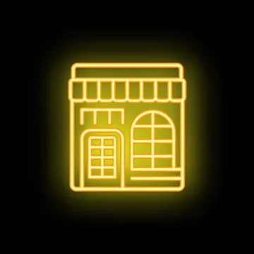 Neon sign representing a generic store with striped awning, door and window.. Stock Illustration
