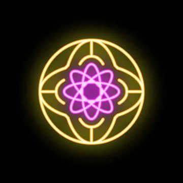 Neon sign representing global atomic energy with atom symbol inside earth glo Illustrazione stock