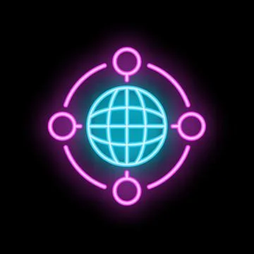 Neon sign representing global network with earth at the center and nodes arou Illustrazione stock