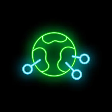 Neon sign representing global network connecting world with lines and circles Stock Illustration