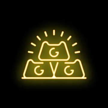 Neon sign representing gold bars shining with glowing rays on black backgroun Stock Illustration