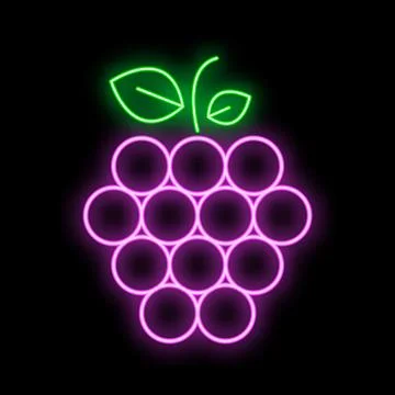 Neon sign representing a grape with green leaves on a black background Stock Illustration