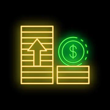 Neon sign representing growing stack of money with up arrow and dollar coin Stock Illustration