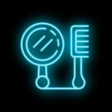 Neon sign representing a hand mirror and a comb on a black background Stock Illustration