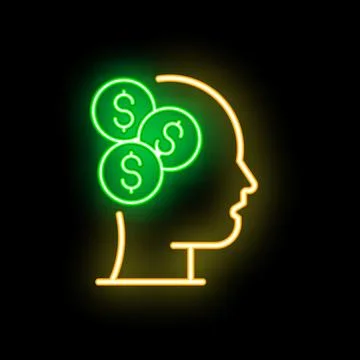 Neon sign representing a head with dollar coins inside symbolizing thinking.. Stock Illustration