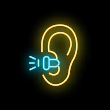 Neon sign representing hearing aid amplifying sound to ear Stock Illustration