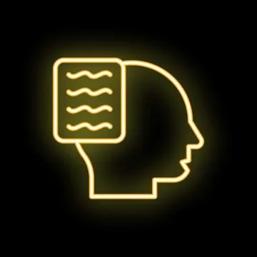 Neon sign representing human head with document for thinking concept Illustrazione stock