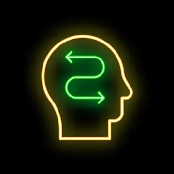 Neon sign representing a human head thinking with arrows going back and forth Stock Illustration