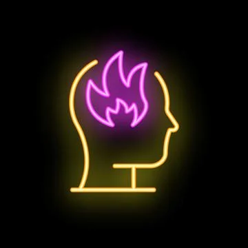 Neon sign representing human head with burning fire inside symbolizing stro.. Stock Illustration
