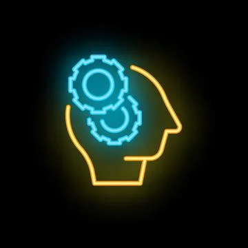 Neon sign representing human head with cogwheels working 库存插图