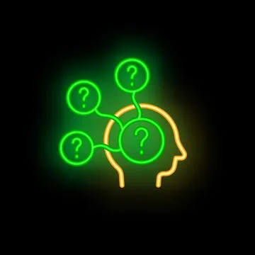 Neon sign representing a human head thinking with question marks Stock Illustration