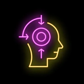 Neon sign representing a human head with arrows pointing at the brain 스톡 일러스트