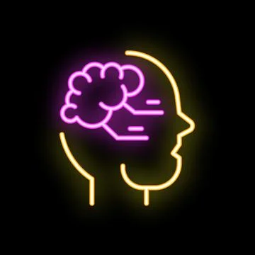 Neon sign representing human head with brain working using artificial intel.. Stock Illustration