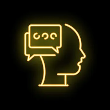 Neon sign representing human head thinking with speech bubbles displaying q.. Stock Illustration