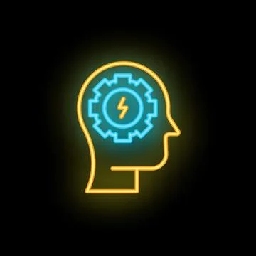 Neon sign representing human head with gear and lightning bolt inside symbo.. Illustrazione stock