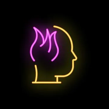 Neon sign representing a human head with flames coming out symbolizing stre.. Stock Illustration