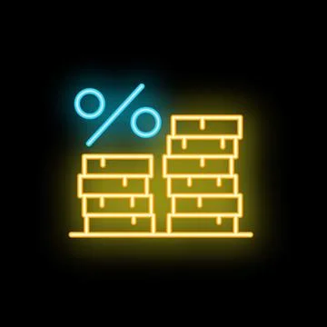 Neon sign representing increasing interest rate with stacks of coins Stock Illustration