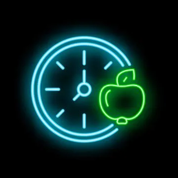 Neon sign representing intermittent fasting concept with clock and apple Stock Illustration