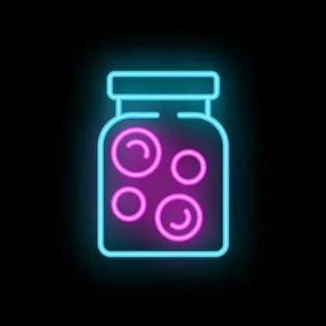 Neon sign representing jar filled with round candy glowing on black backgroun Stock Illustration