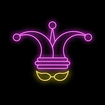 Neon sign representing a jester hat with glasses on black background Stock Illustration