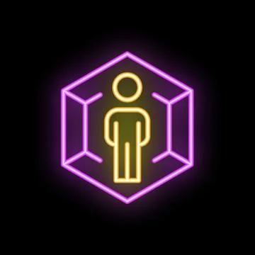 Neon sign representing a man trapped inside a cube, a concept of isolation .. Stock Illustration