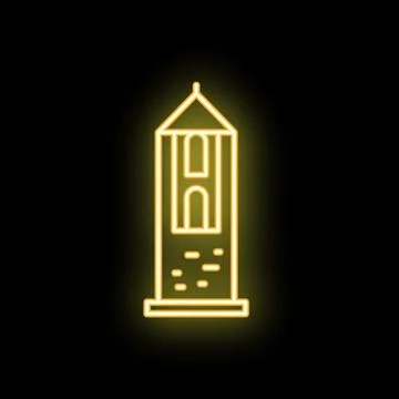 Neon sign representing a medieval tower with arch windows glowing on a blac.. Stock Illustration