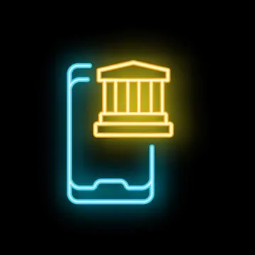 Neon sign representing mobile banking with bank building over smartphone Ilustración de archivo