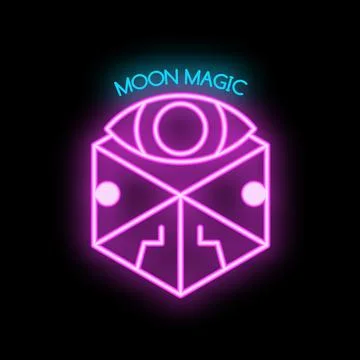 Neon sign representing moon magic concept with eye over cube Stock Illustration