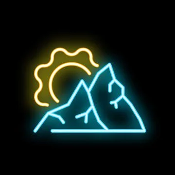 Neon sign representing a mountain range with the sun shining above Ilustração Stock