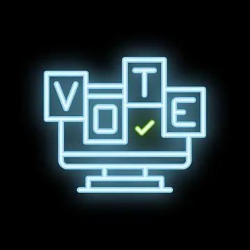 Neon sign representing online voting on a computer with vote tiles and chec.. Stock Illustration