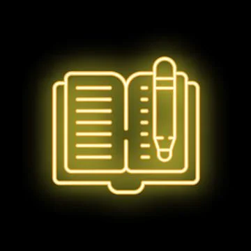 Neon sign representing open notebook with pen for writing and taking notes イラスト素材