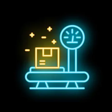 Neon sign representing a parcel being weighed on scales, symbolizing delivery Stock Illustration