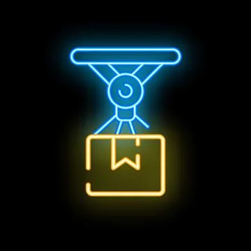 Neon sign representing robotic arm lifting cardboard box Stock Illustration