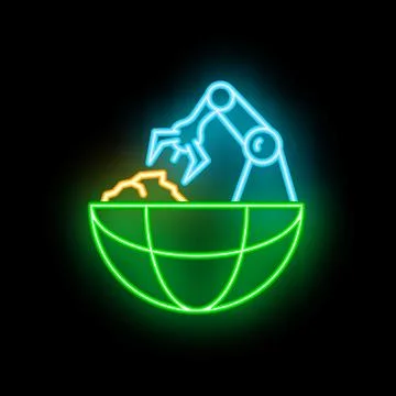 Neon sign representing robotic arm picking up earth representing global aut.. Stock Illustration